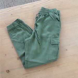 Women's Olive Green Cargo Pants, Size M, Tie Waist, Multiple Pockets